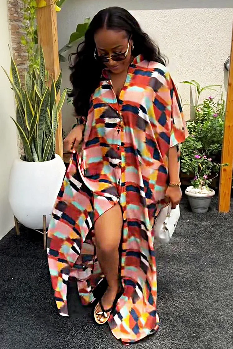 Geometric Print Loose-Fit Vacation Maxi Shirt Dresses-Multicolor [Pre Order]