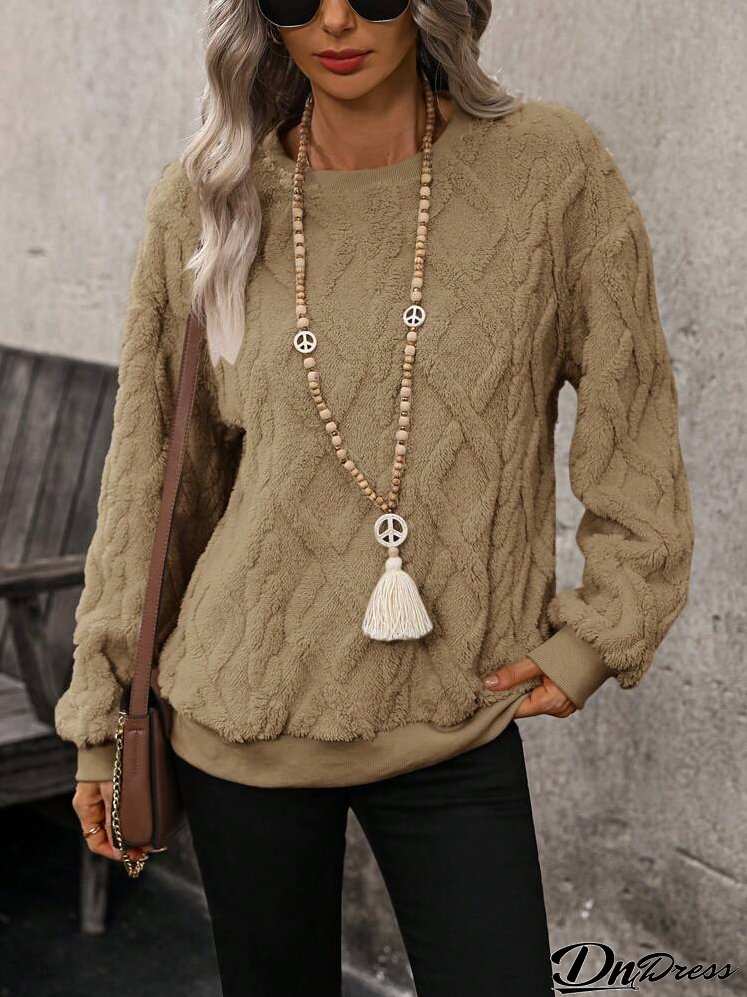 Women Solid Color Round Neck Long Sleeve Casual Fleece Sweatshirt