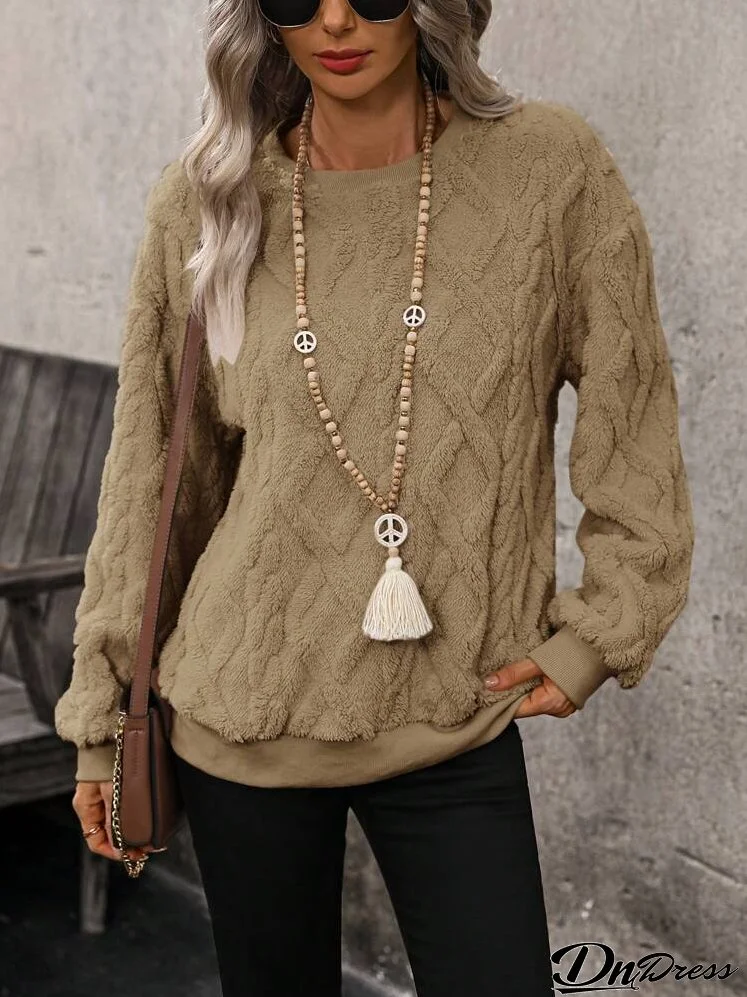 Women Solid Color Round Neck Long Sleeve Casual Fleece Sweatshirt