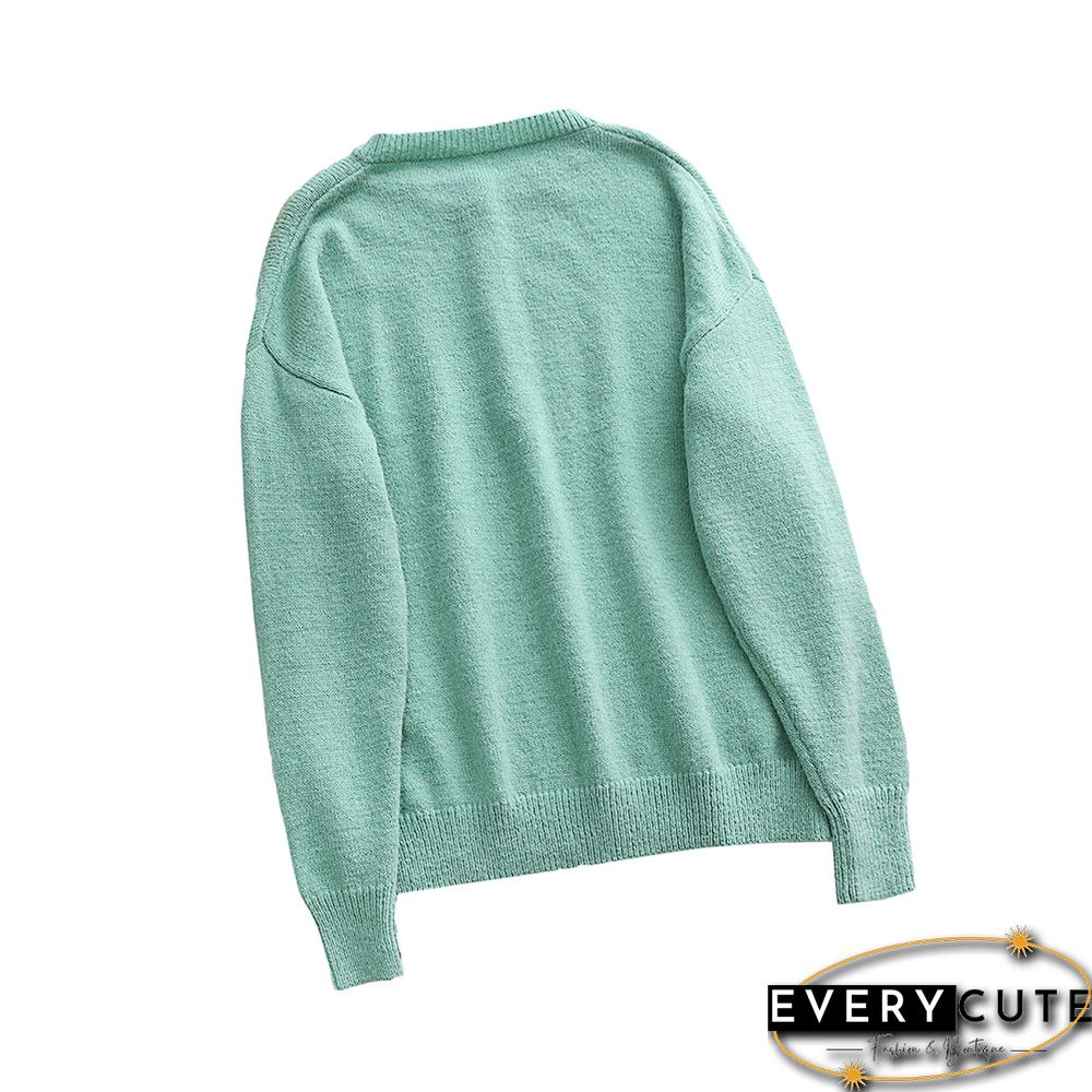 Light Green Button Neck Knitted Pullover Sweater