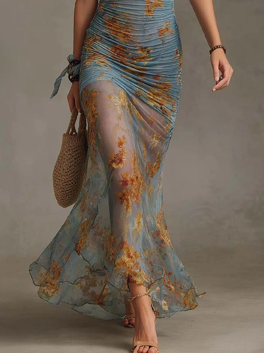 Vestido Maxi Sereia Franzido com Decote Halter e Chiffon Transparente Floral Boêmio Vintage - Imagem 3