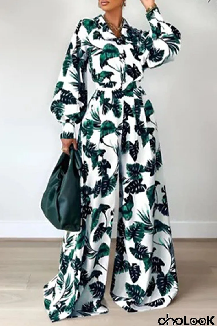 Casual Floral Patchwork Turndown Collar Long Sleeve Two Pieces