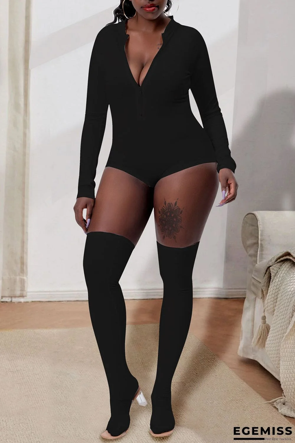 Black Street Solid Patchwork Zipper Regular Jumpsuits (Including Socks) | EGEMISS