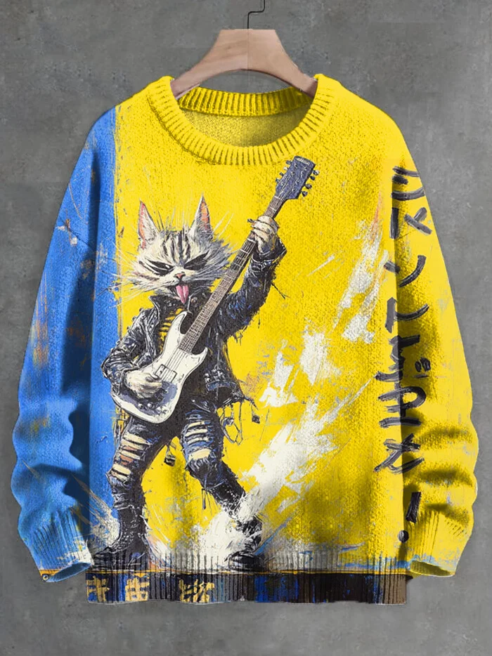 Men's Funny Rock Cat Playing Guitar Art Print Knit Sweatshirt