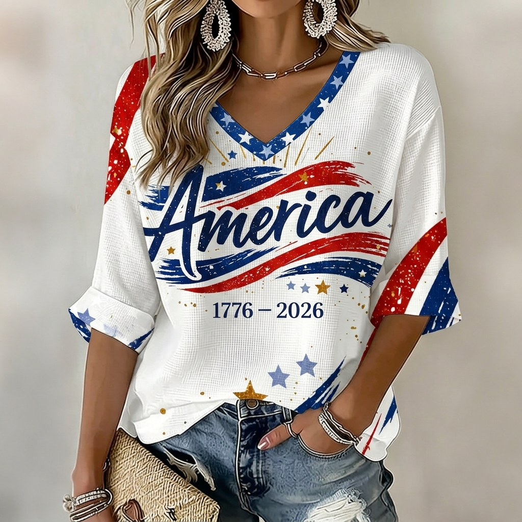  Women's Flag In Patchwork Art Three-quarter Sleeve V Neck Linen Tops Westsshops