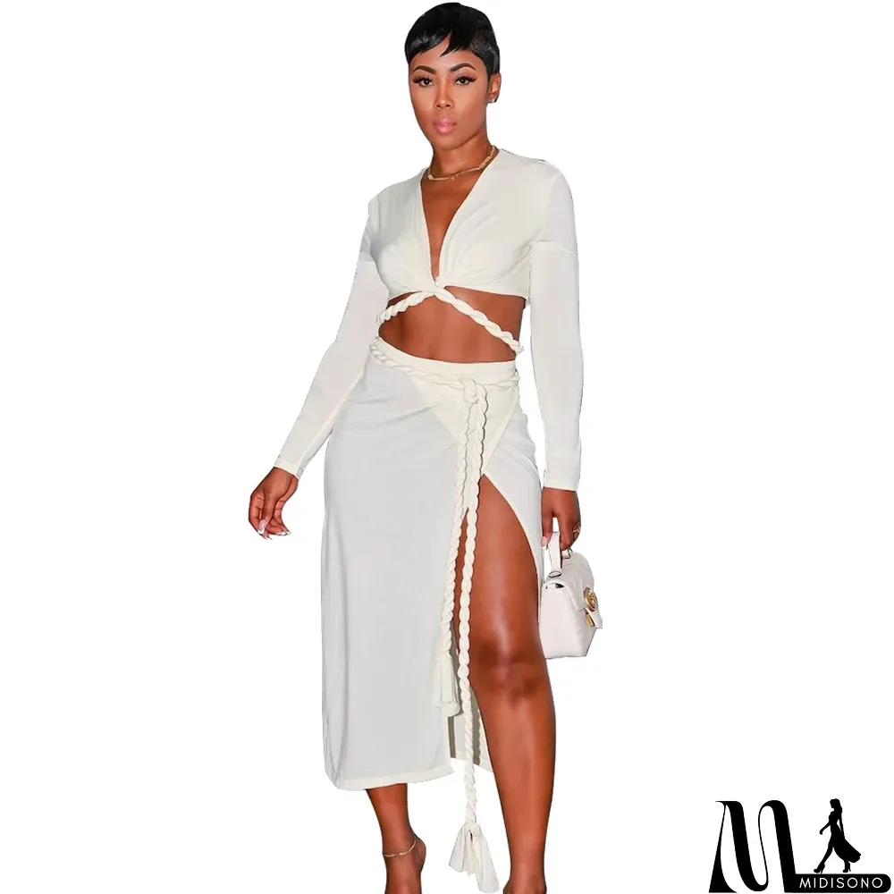 MidiSono - Women Autumn Sexy Lace-Up V-Neck Long-Sleeve Top + Split Skirt Two-Piece Set