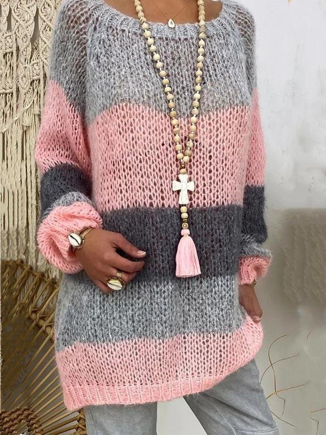 Mayoulove Loose pink and gray color block sweater-Mayoulove