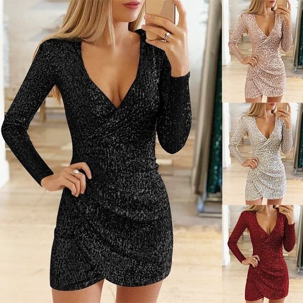 Womens Long Sleeve V-Neck Bodycon Dress Sequins Shiny Prom Party Evening Dresses Pencil Dresses Sexy Cocktail Dress - Shop Trendy Women's Fashion | TeeYours