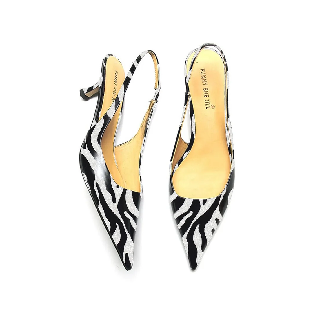 Black & White Pointed Toe Kitten Heel Zebra Stripe Slingback Pumps Nicepairs