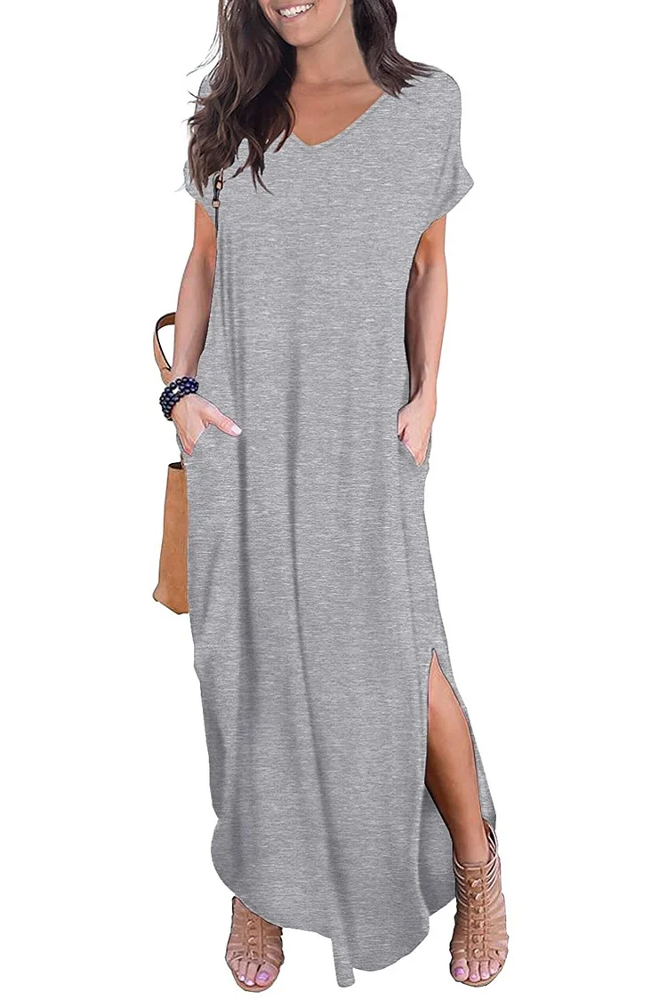 Women's Casual Loose Pocket Long Dress Short Sleeve Split Maxi Dresses