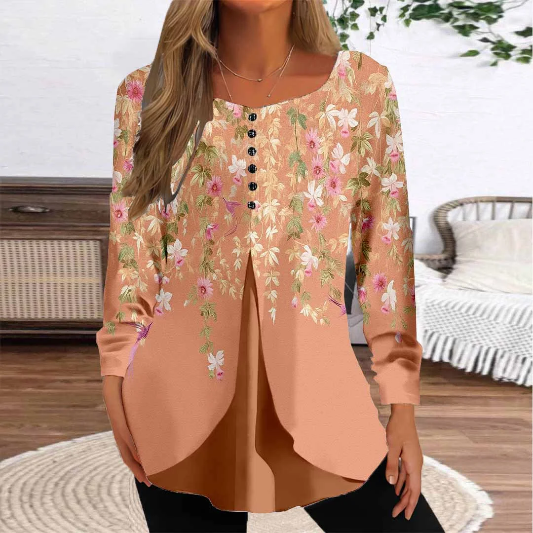 Women Floral,Orange DZGG8323 Long Sleeve Scoop Neck Printed Graphic Button Fake 2in1 Tops