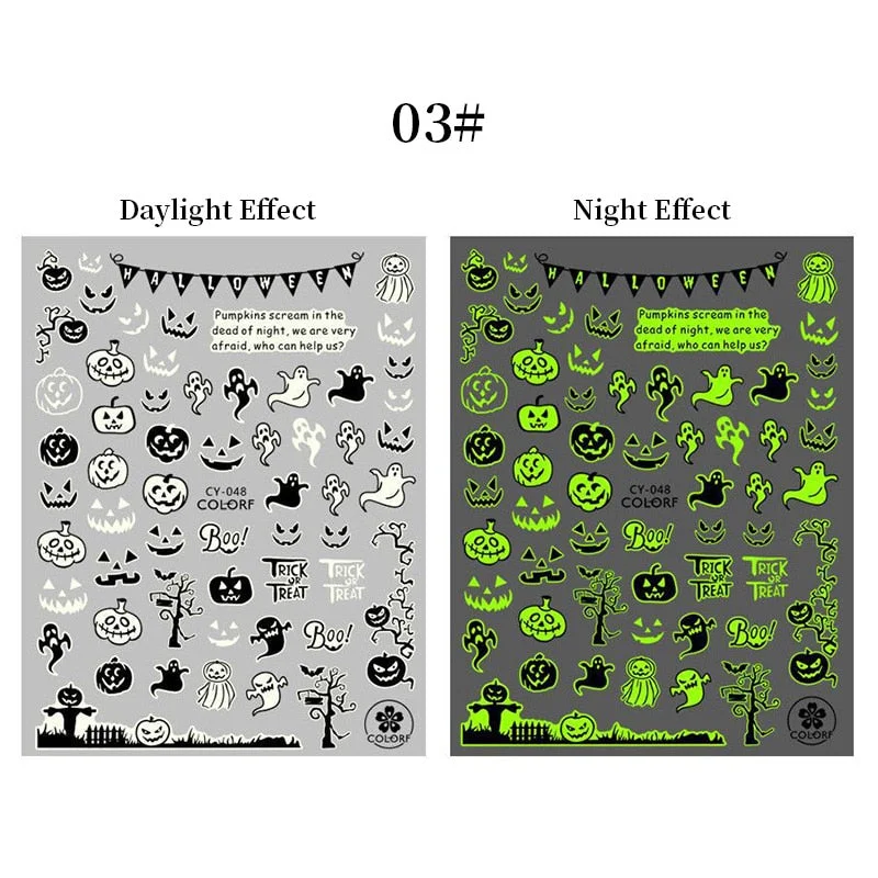 3D Luminous Nail Stickers Halloween Pumpkin Spider Star Moon Transfer Sliders  Winter Glow In The Dark Nail Art Decoration-Nail Inspo