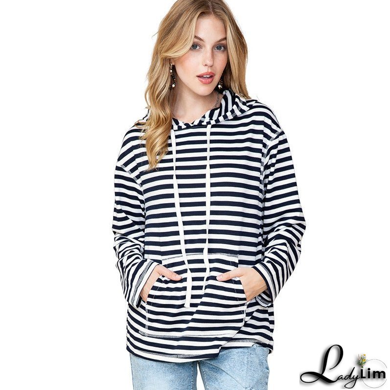 Shiying Striped Hooded Sweater, Women's Autumn Fashion, Loose-Fit Long Sleeve Top