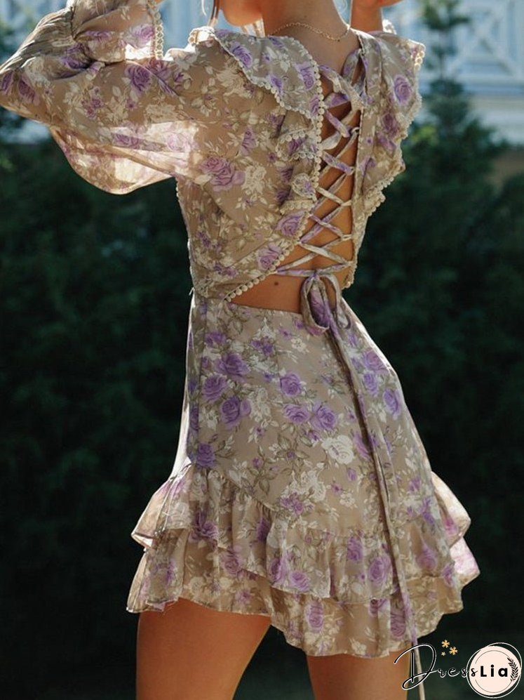 Dresses Printed V-Neck Long-Sleeve Open-Back Lace-Up Dress for Women