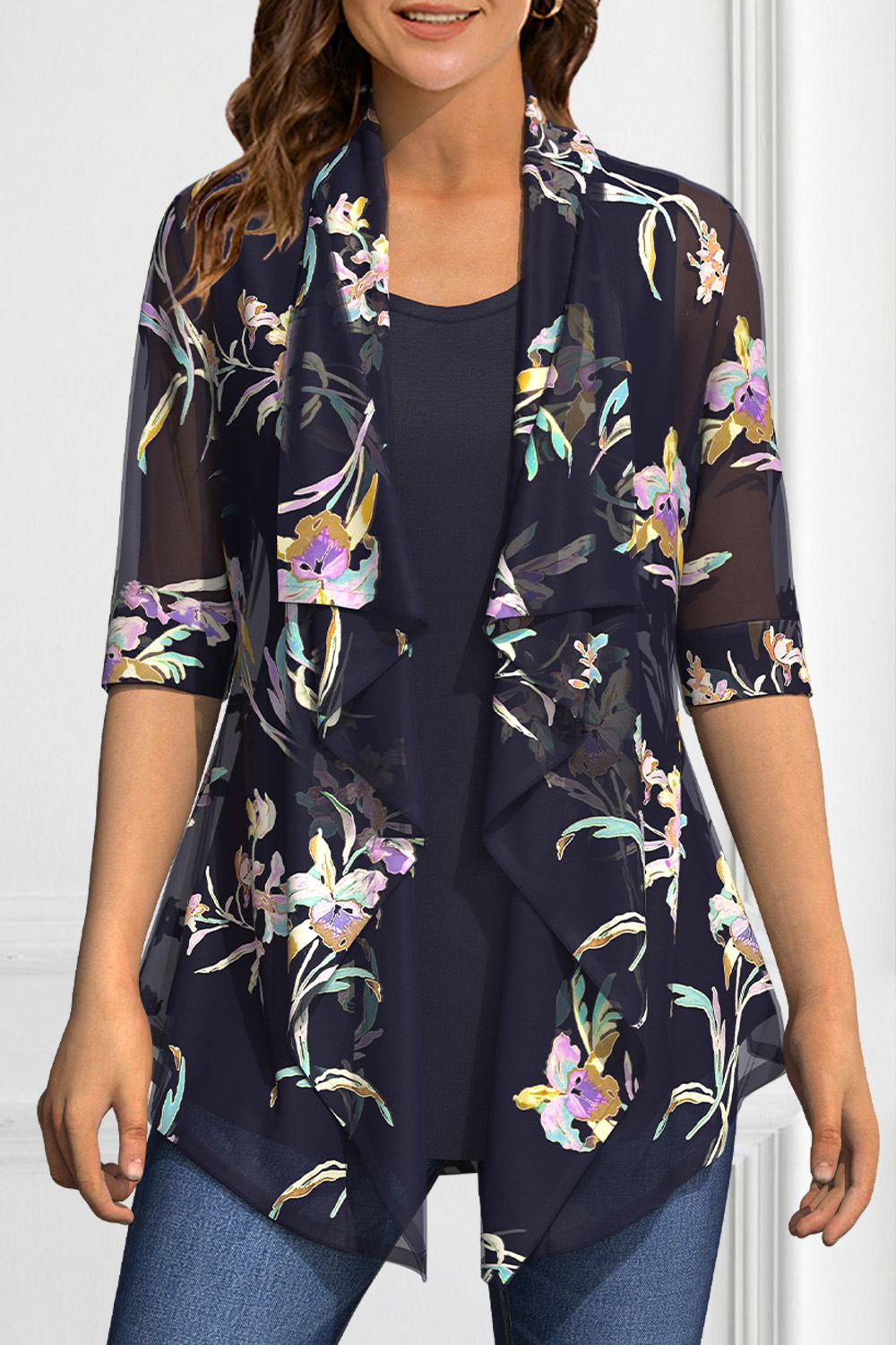 Flycurvy Plus Size Casual Navy Blue Chiffon Floral Print Layered Irregular Fake Two Pieces Blouse 2024 - Flycurvy 