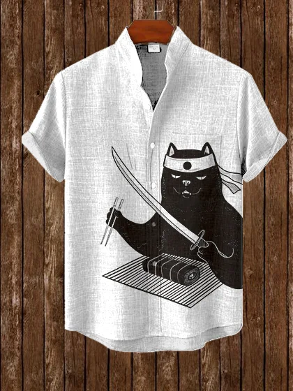 Men's Chef Black Cat Sushi Japanese Print Casual Shirt
