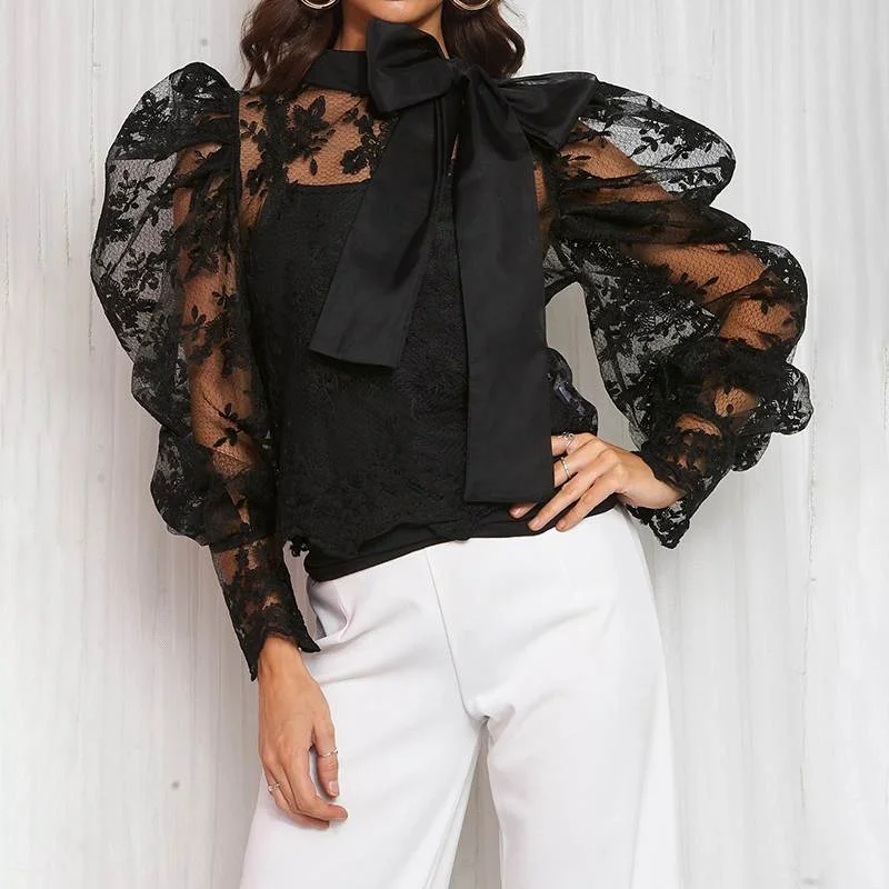 ZANZEA Summer Sexy Lace Blouse Elegant Women Long Puff Sleeve Lace Crochet Tops Bow Tie Shirt Femme Robe Party Blusas Chemise