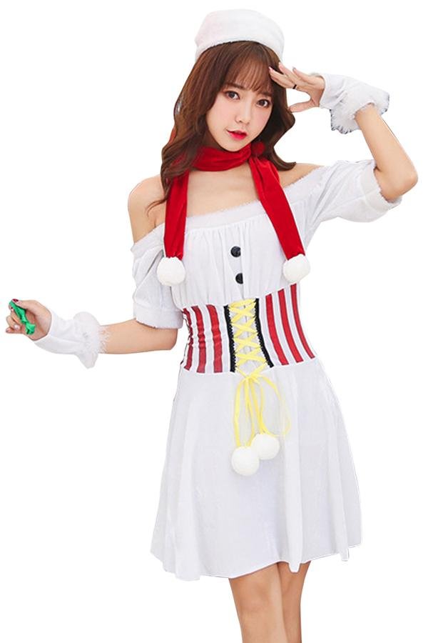 Fancy Off Shoulder Dress Christmas Snowman Costume For Women White-elleschic