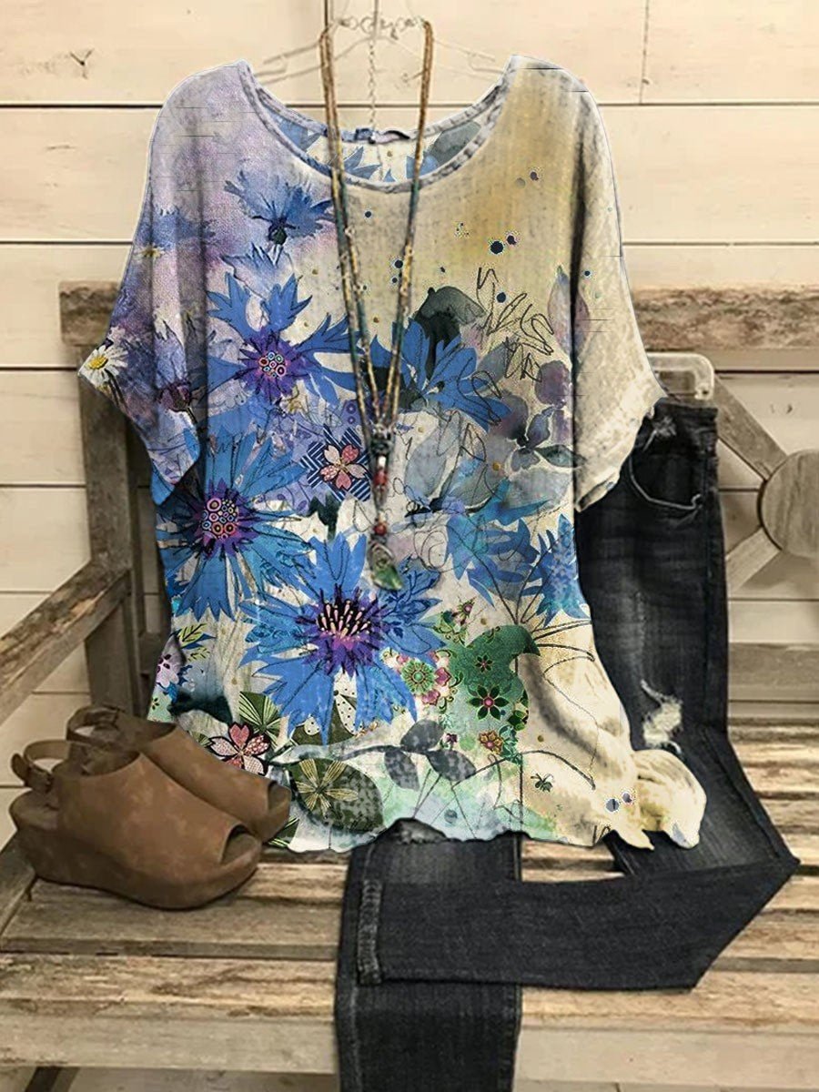 Blue Floral Painting Printed Women's T-shirt