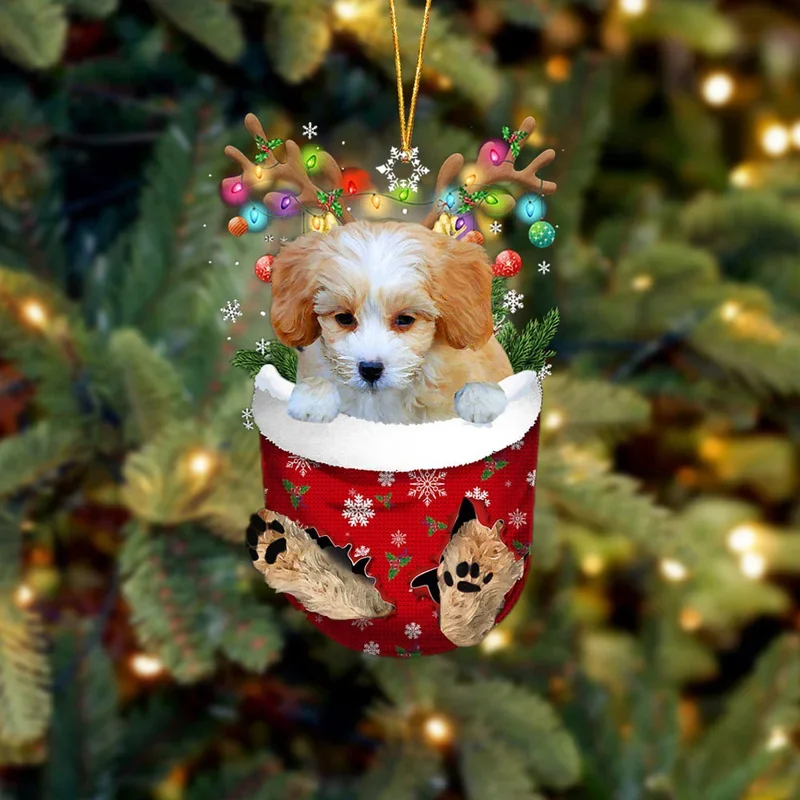 Shih Poo In Snow Pocket Christmas Ornament trabladzer