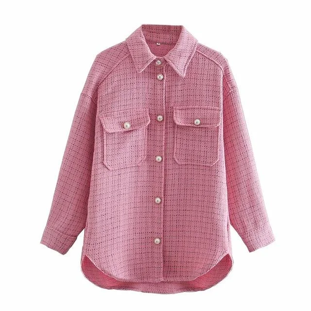 ZXQJ Tweed Women Vintage Oversize Plaid Shirts  Spring-Autumn Chic Ladies Streetwear Loose Shirt Elegant Female Outfit Girls