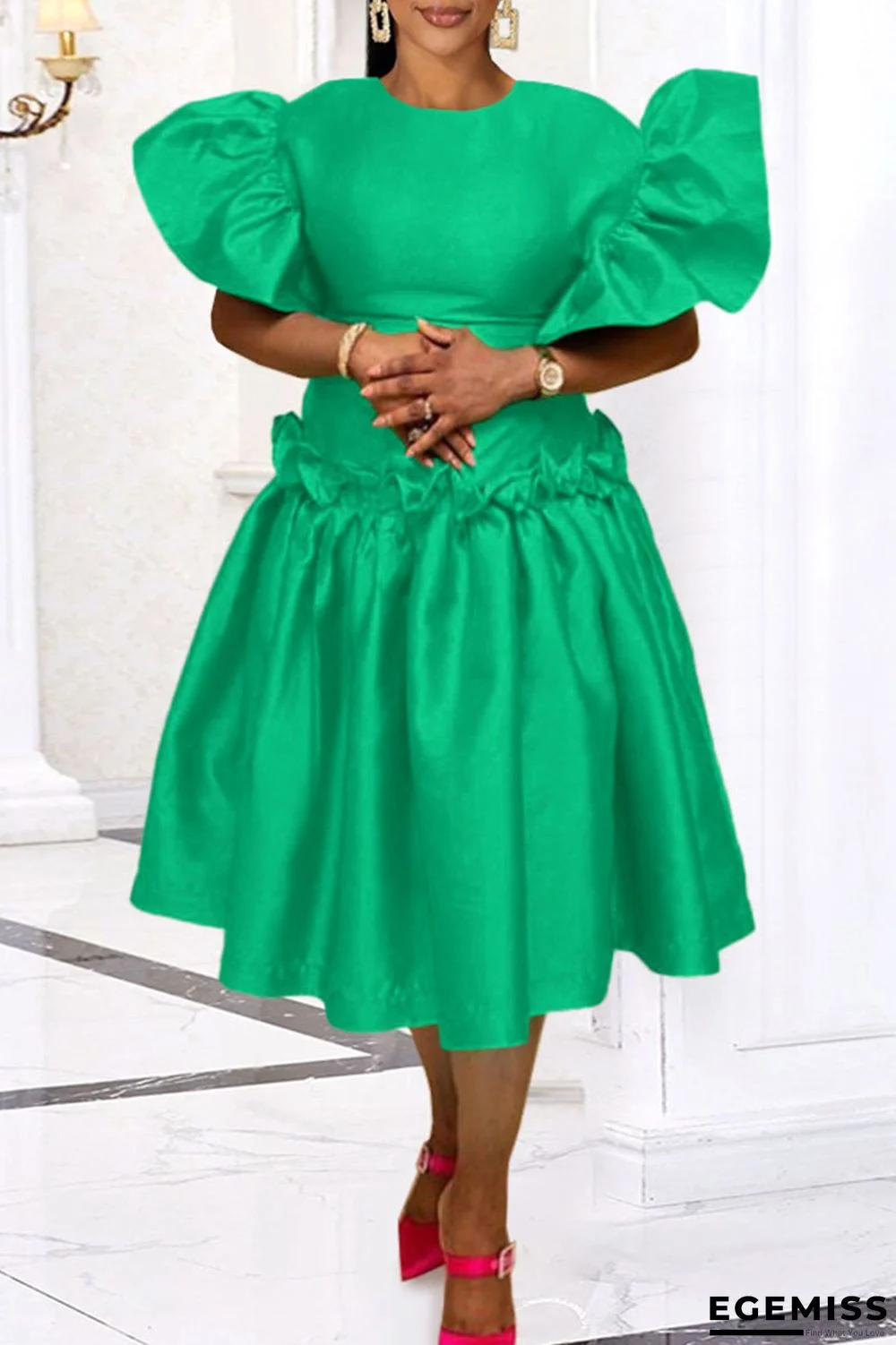 Green Elegant Solid Patchwork Flounce O Neck Evening Dress Dresses | EGEMISS