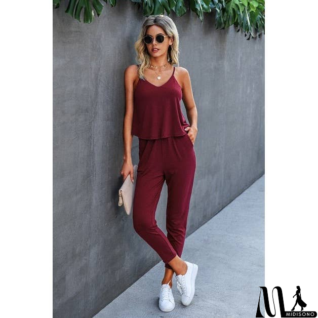 MidiSono - Spaghetti Strap Solid Loose Jumpsuit