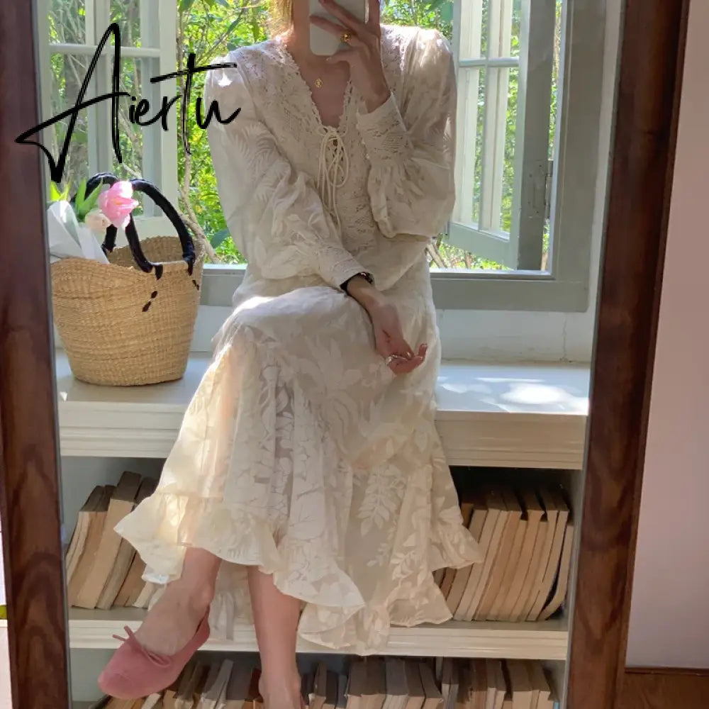 Aiertu  Sexy V-neck Chic Lace-up Ruffles Female Floral Dresses Autumn New Fashion Button Lace Elegant Slim Waist Women's Dresses Aiertu