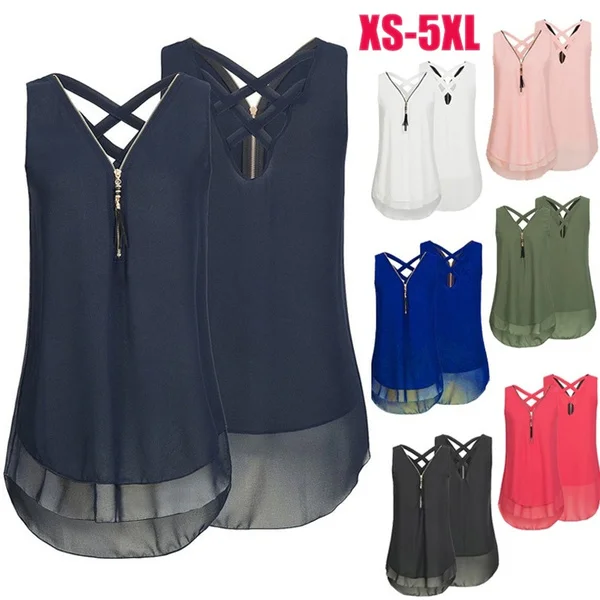 Women Spring and Summer Fashion Sleeveless Chiffon Tank Top Cross Back Shirts Hem Layed Zipper V-neck T Shirts Plus Size XS-5XL
