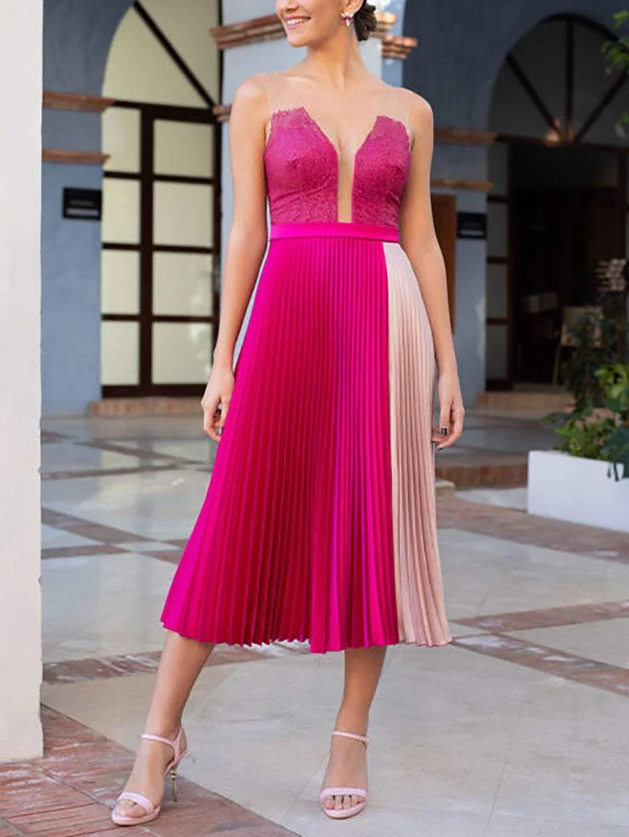 Contrasting color pleated mid-length dress
