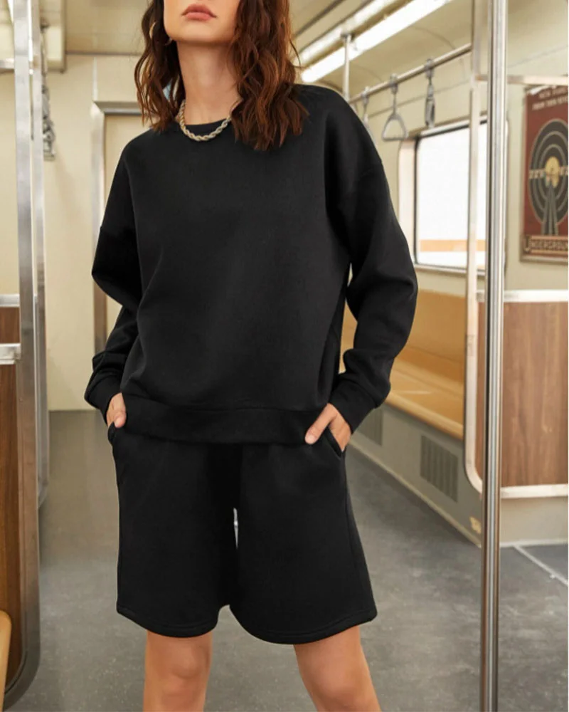 Casual solid color long-sleeved hooded two-piece suit