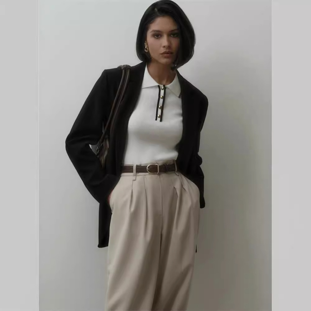 Ootddress Knit Sweater Pullover Women Short Sleeve Patchwork Slim Lapel Elegant Contrast Knitwear Top Female Skinny Ribbed Pullover