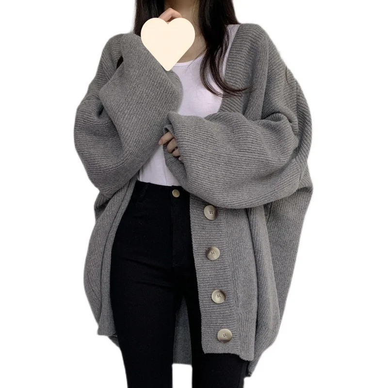 Uveng Uveng Chic Autumn And Winter Leisure Lazy Wind V-Neck Single Buckle Loose Lantern Sleeve Knitted Sweater Coat Woman