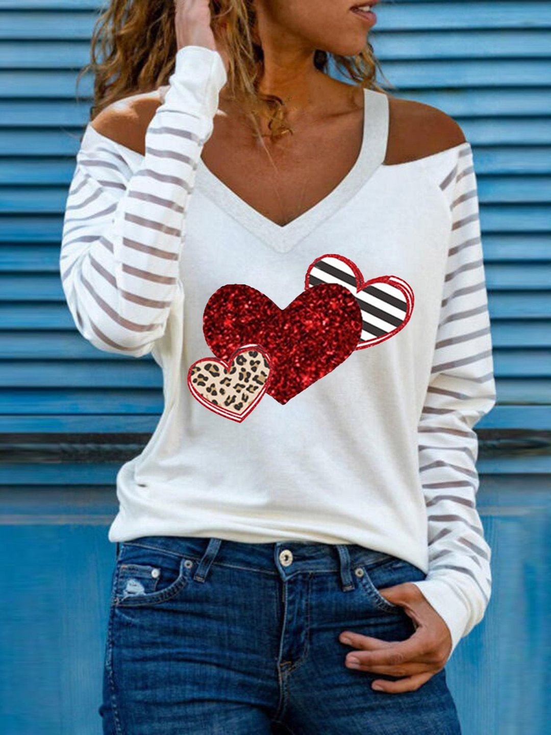 Heart pattern hollow shoulder white top