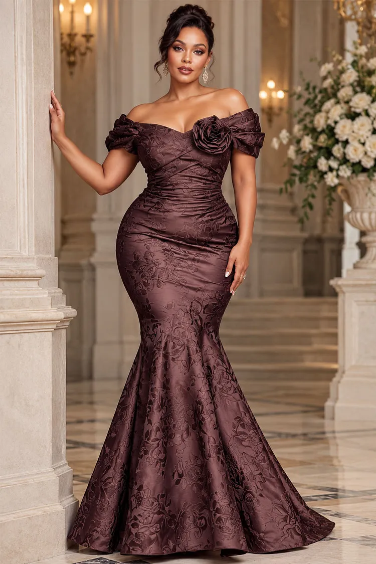 Xpluswear Design Plus Size Formal Brown Off The Shoulder Mermaid 3D Satin Maxi Dresses [Pre-Order] 2024 - Xpluswear