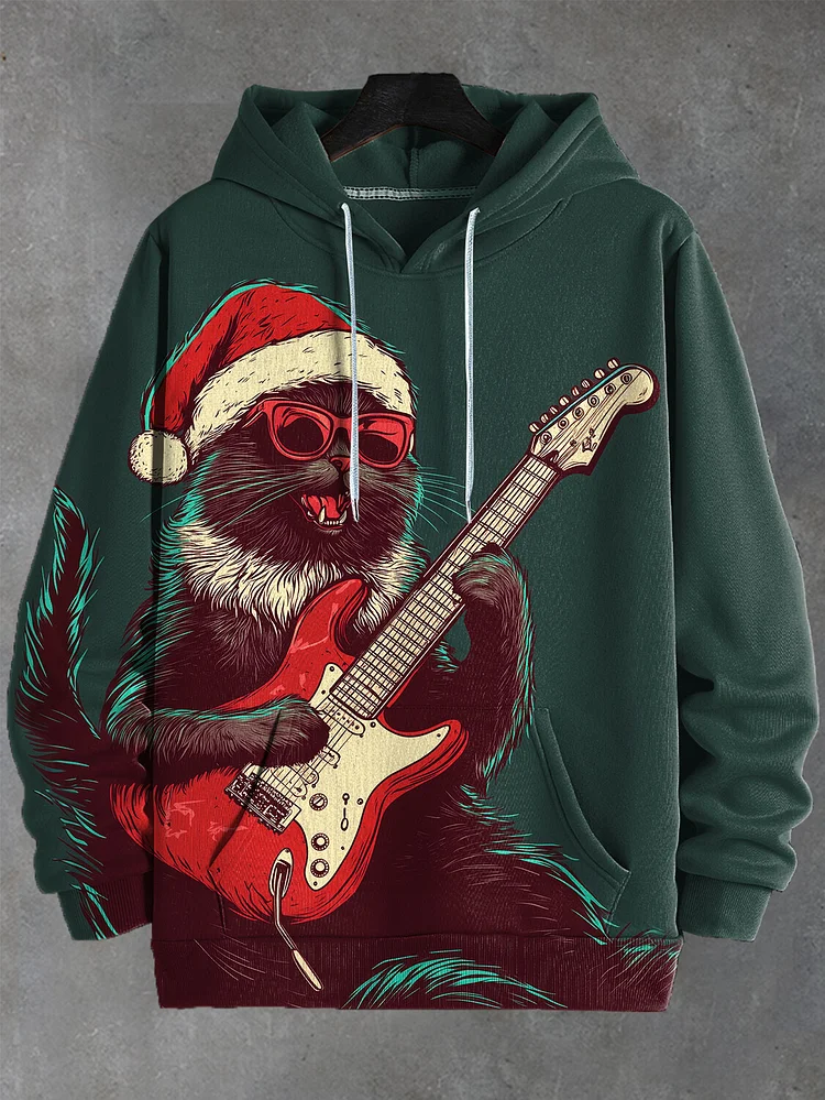 Men's Rock Black Cat Christmas Nostalgia Art Casual Hoodie