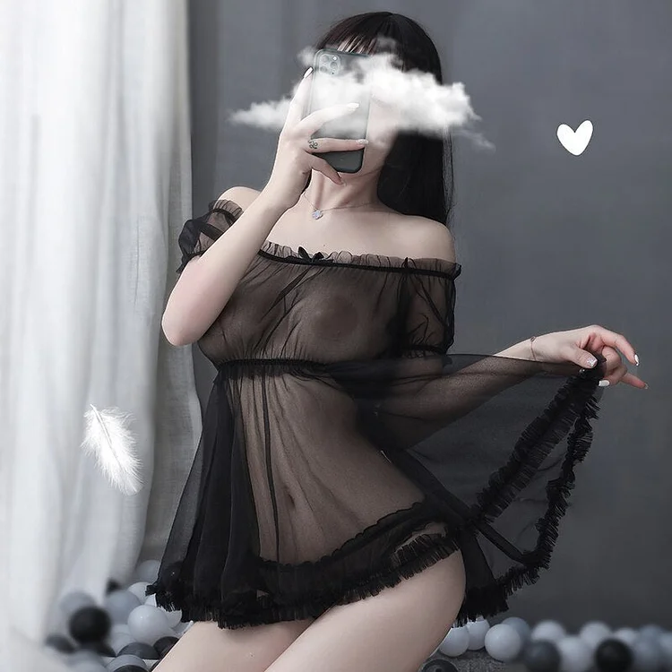 Black/White Slash Neck Ruffle Bow Mesh Gauze Sheer Nightdress Lingerie Set SP16949