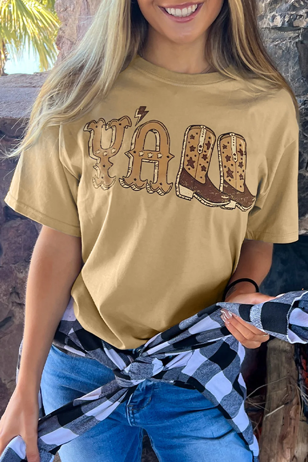Khaki Western YALL Boots Graphic T-shirt | IFYHOME