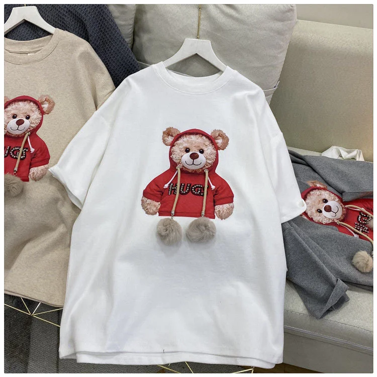 Women's Cotton T-shirt Cute Bear Tshirts 2021 Summer Short Sleeve Loose Casual Harajuku Tee Oversized Couple Fur Ball Tops Cloth