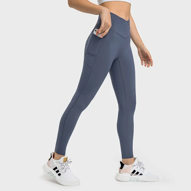 Buy no front seam high waist criss cross capri leggings with side pockets of high quality on Hergymclothing Light Purple Blue