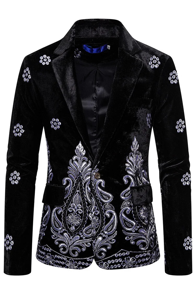Floral Print Long Sleeve Slim Fit Velvet Blazer
