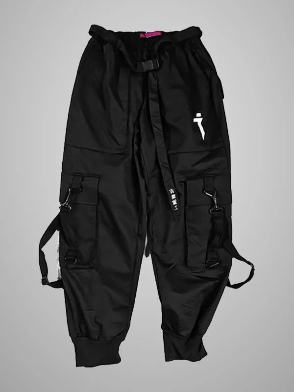 Gothic Dark Punk Style Industrial Pants Pockets Belt-trimmed Embroidered Pants with Streamers
