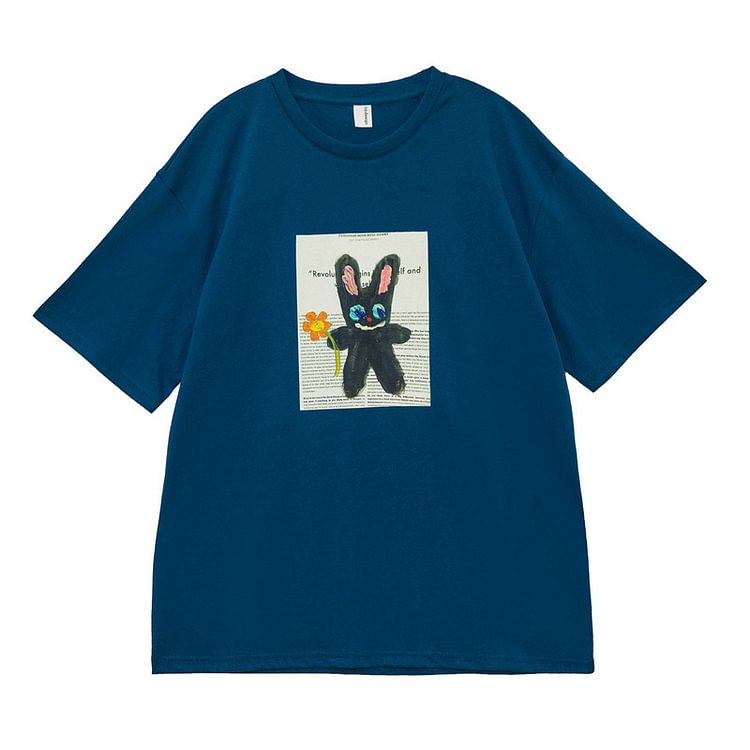 Cute Cartoon Rabbit Print Casual T-Shirt - Modakawa modakawa