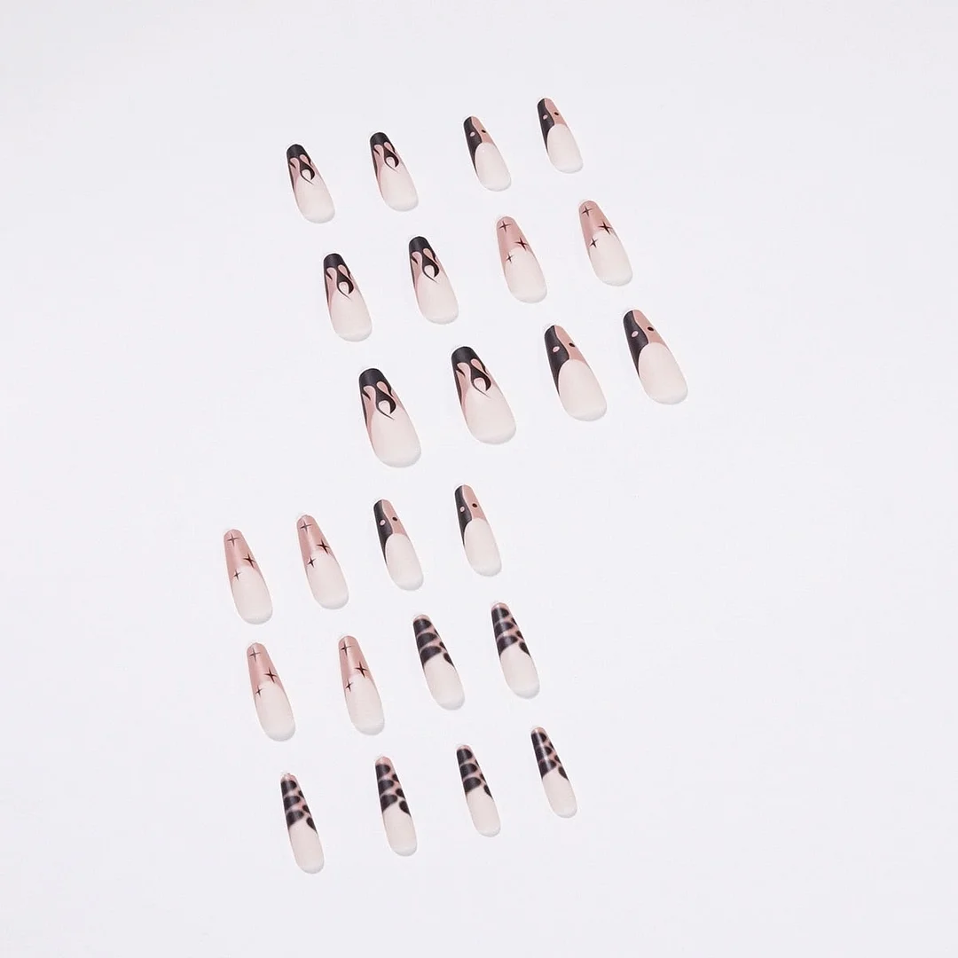 24Pcs/Set Black Flame Star Design False Nail French Full Cover Fake Nails Glue DIY Manicure Nail Art Tools-Nail Inspo