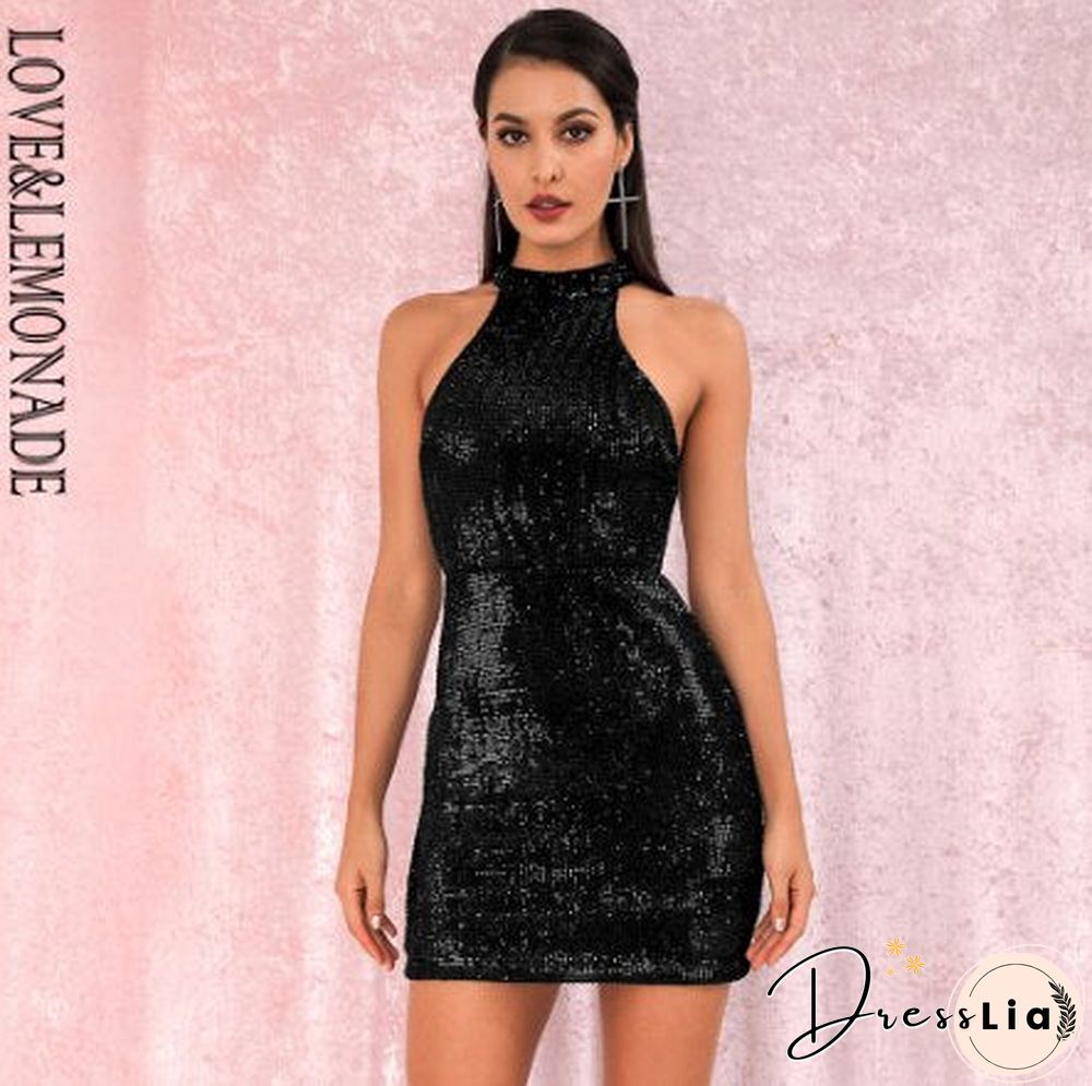 LoveLemonade Rose Gold Sexy Open Back Halter Dry Shoulder Slim Elastic Sequin Mini Party