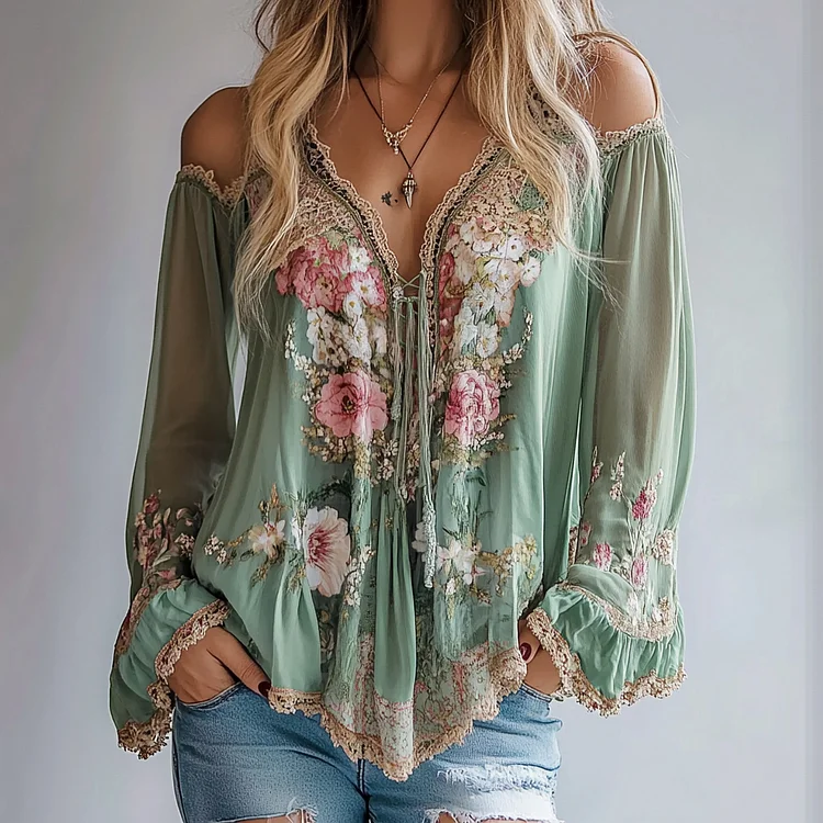 Ursime Floral Cold Shoulder Lace Trim Ruffle Long Sleeve Blouse
