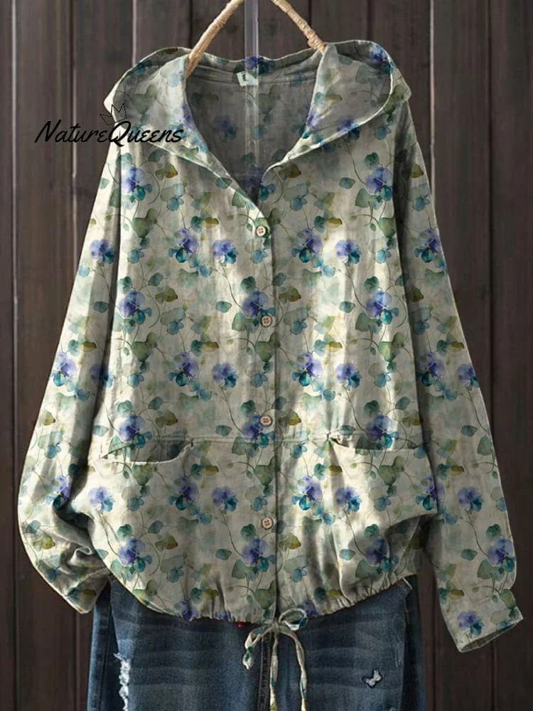 Watercolor Style Wild Floral Pattern Printed Women's Casual Cotton And Linen Shirt