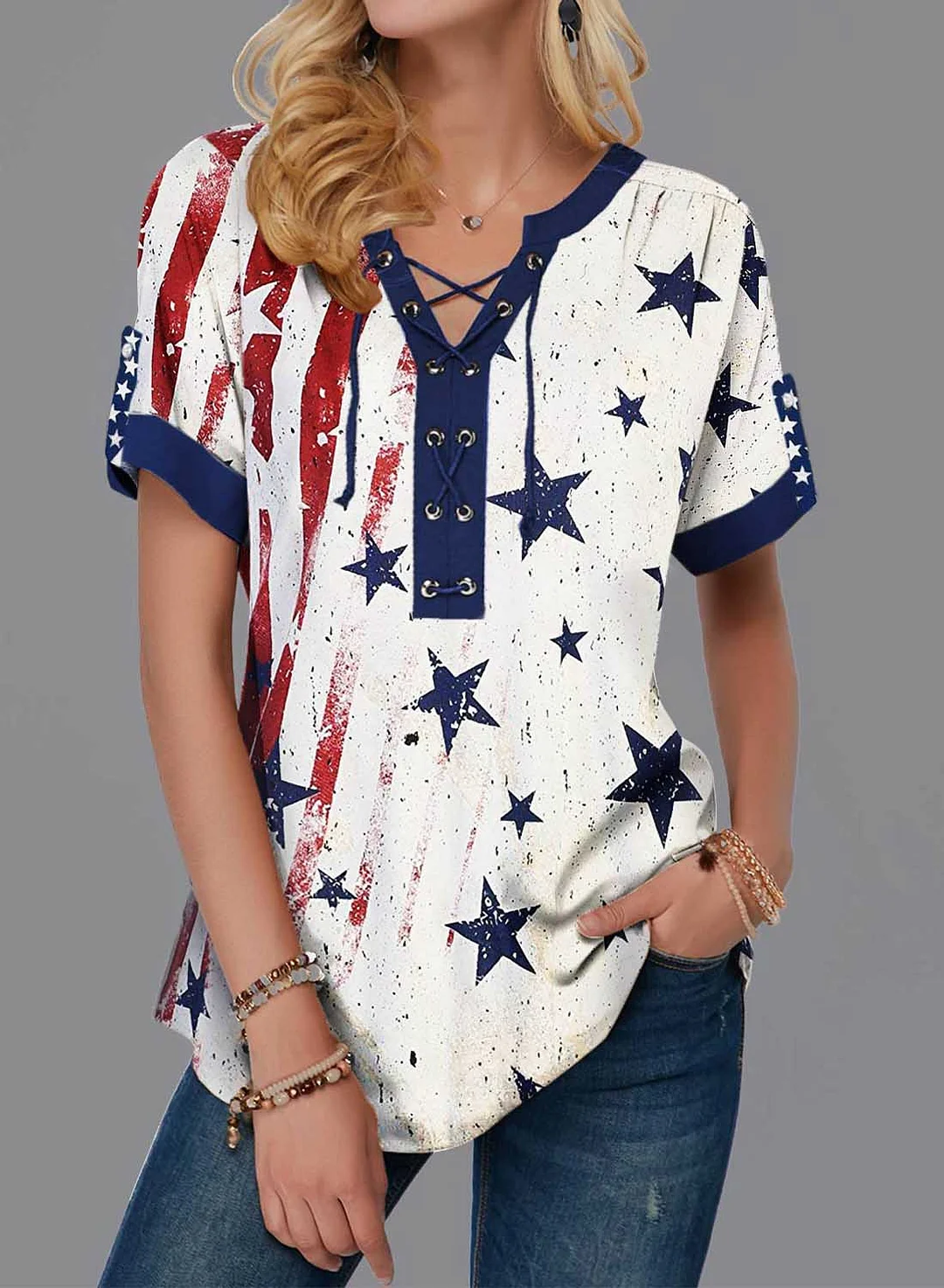 Women's T-shirts American Flag Print Tie-up T-shirt 4th of July-Allyzone-Allyzone