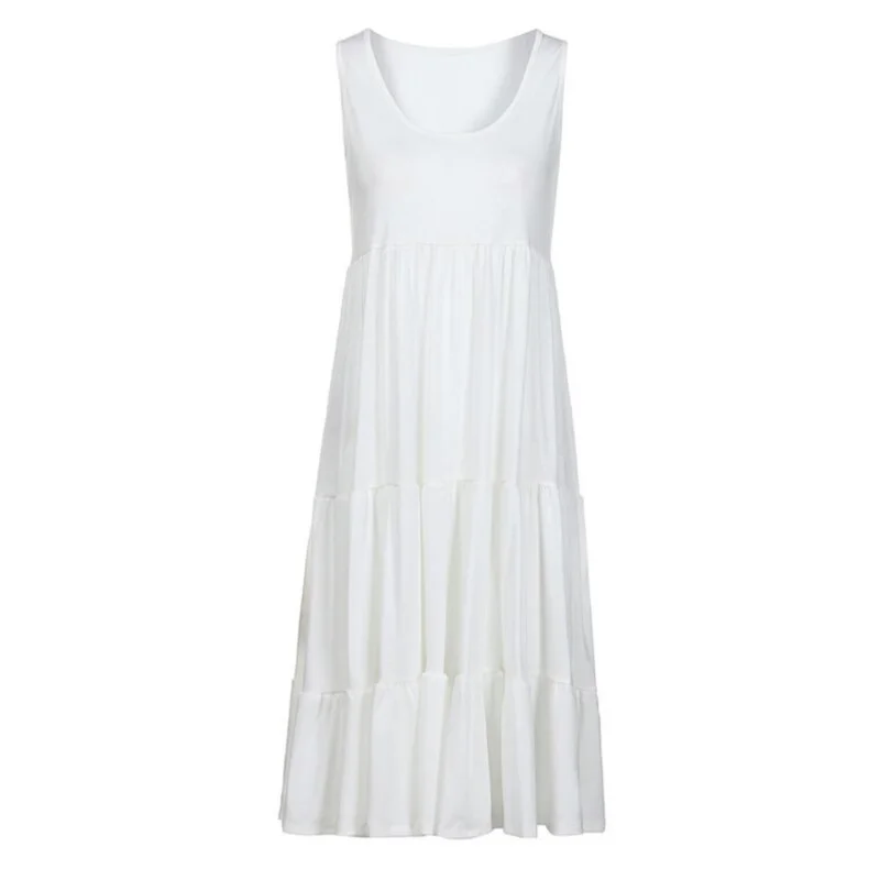 Solid Woman Dress Sleeveless O-neck Pleated Design Mid-Calf Beach Dress Summer Vacation Female Commuting Dresses