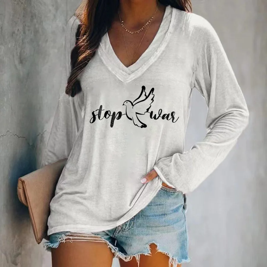 Stop Wars Printed V-neck Women's T-shirt